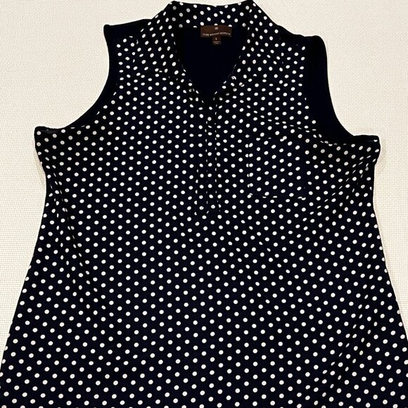 FENN WRIGHT MANSON Navy Blue Polka Dot Mixed Media Sleeveless Blouse Size Large - Picture 1 of 8